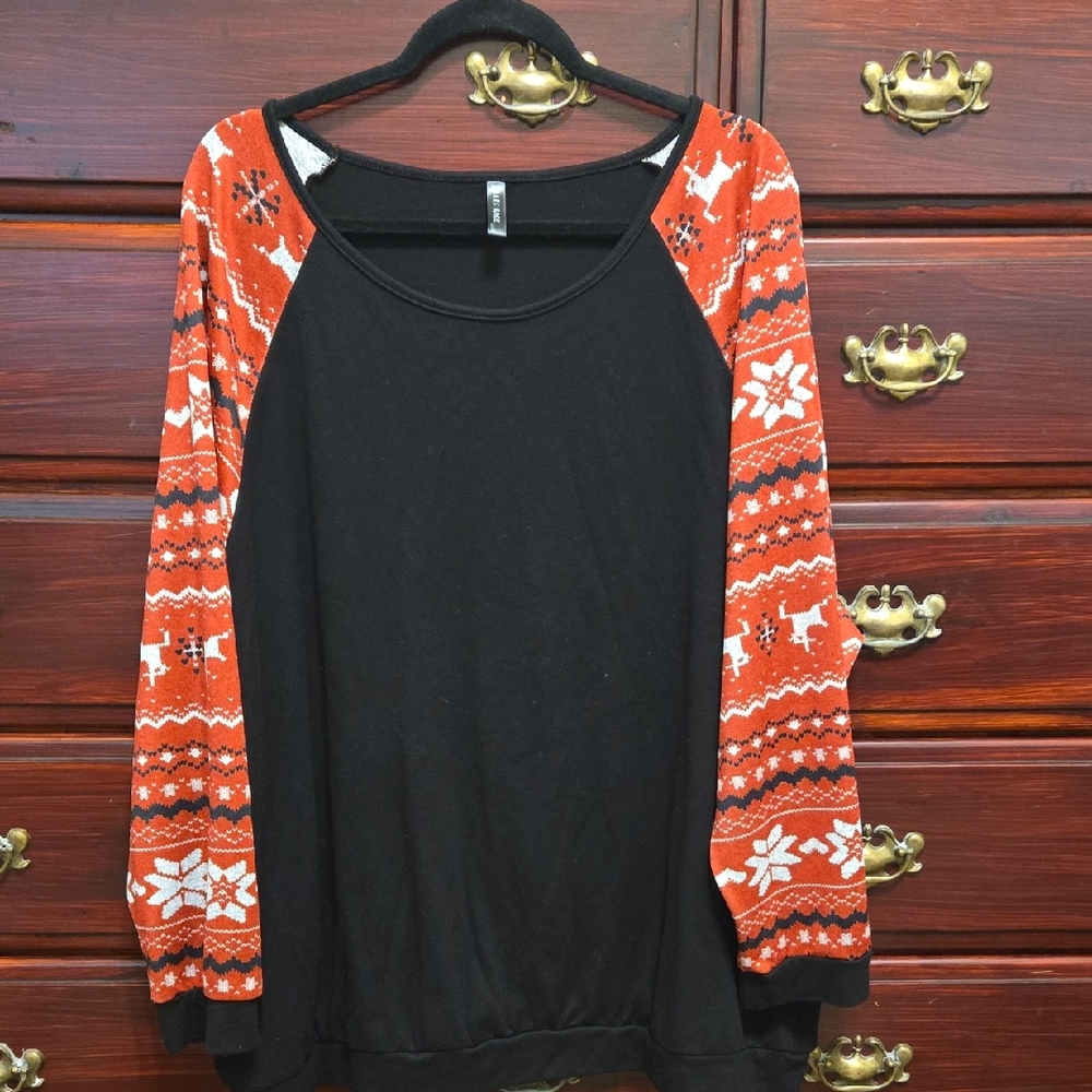 Allegrace Black And Red Top With Long Fair Isle Design Sleeves Size 26W